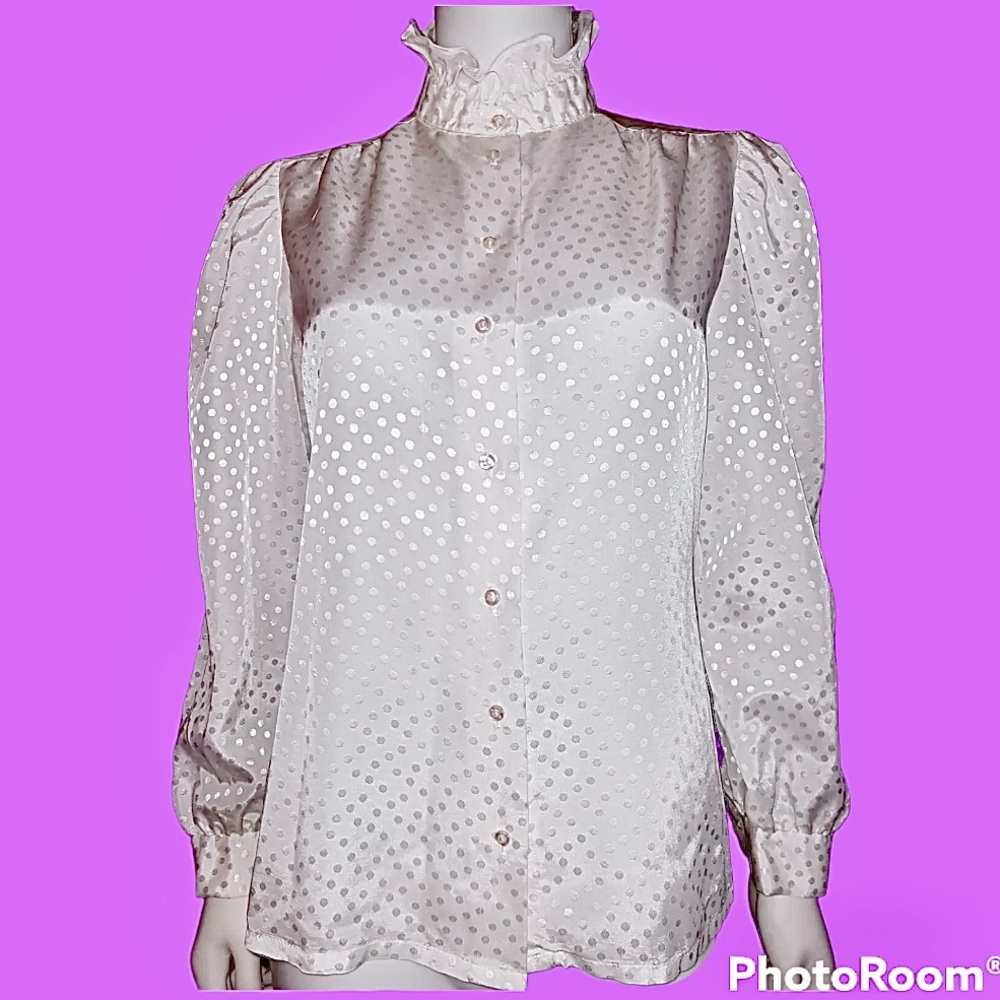 VINTAGE 70s Ruffle Mock Neck Button Down Top Polka Dot Size 12
